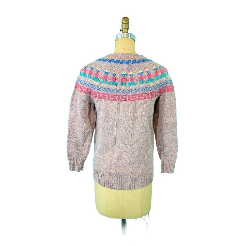 Vintage 80s Fair Isle Sweater Womens XS Pink People Metallic Novelty Pullover - Picture 9 of 10